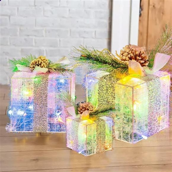Set of 3 Christmas Lighted Gift Boxes, Pre-lit LED - Picture 5 of 5